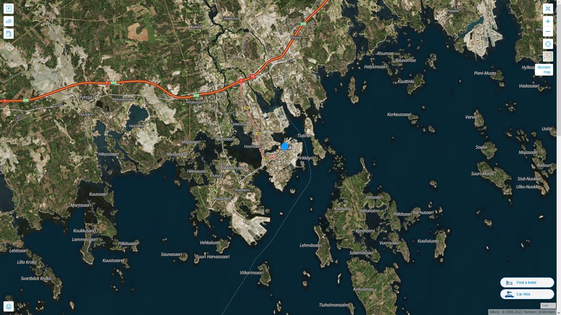 Kotka Finlande Autoroute et carte routiere avec vue satellite